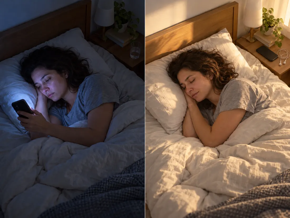 À esquerda, mulher acordada de madrugada olhando o celular. À direita, a mesma mulher dormindo tranquila.